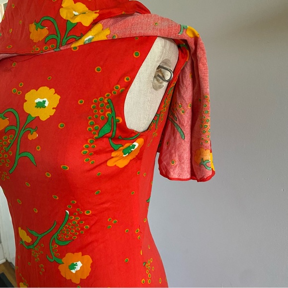 Vintage Leslie J bright red floral flower ruffle top maxi dress S Hawaiian - Picture 12 of 14